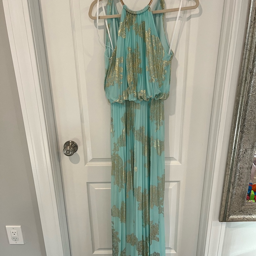 COPY - Shimmering turquoise pleated halter dress